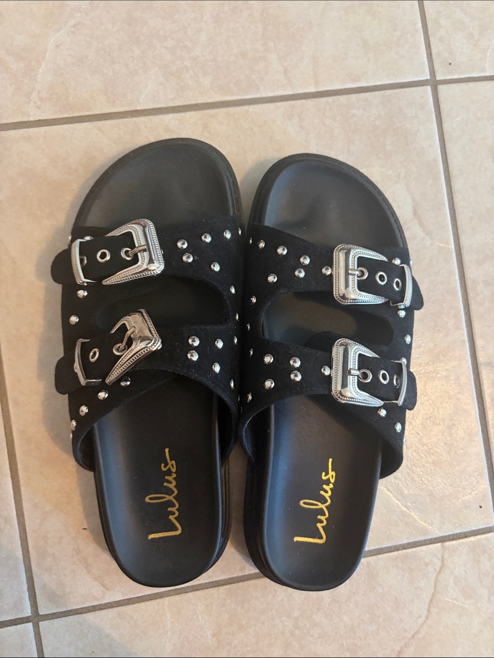 Lulus Black Suede Studded Buckle Slide Sandals